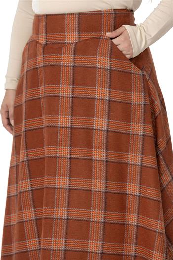 Büyük Beden Bel Detaylı Cepli Fermuarlı Çan Ekose Tarçın Uzun Etek