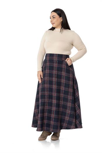 Büyük Beden Bel Detaylı Cepli Fermuarlı Çan Ekose Lacivert Uzun Etek