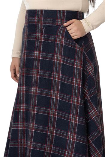 Büyük Beden Bel Detaylı Cepli Fermuarlı Çan Ekose Lacivert Uzun Etek