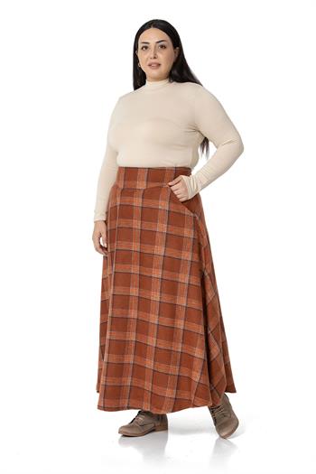 Büyük Beden Bel Detaylı Cepli Fermuarlı Çan Ekose Tarçın Uzun Etek