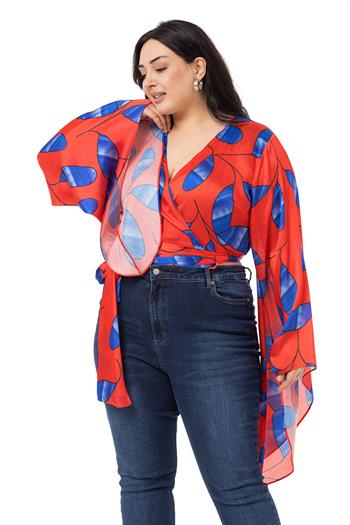 Plus Size Satin Red Bolero with Waistband and Sleeve Detail