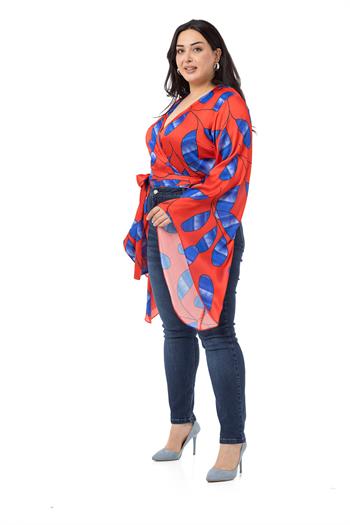 Plus Size Satin Red Bolero with Waistband and Sleeve Detail