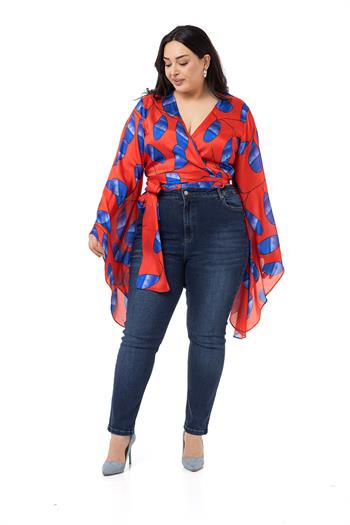 Plus Size Satin Red Bolero with Waistband and Sleeve Detail