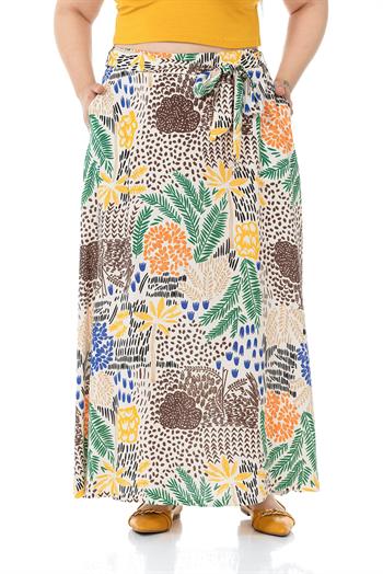 Büyük Beden Beli Arkadan Lastikli Kloş Cepli Kuşaklı Uzun Ekru Etek