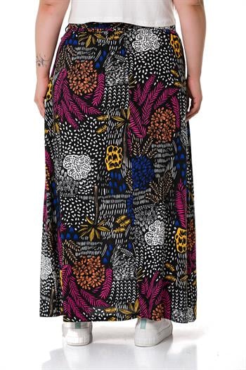 Büyük Beden Beli Arkadan Lastikli Kloş Cepli Kuşaklı Uzun Siyah Etek