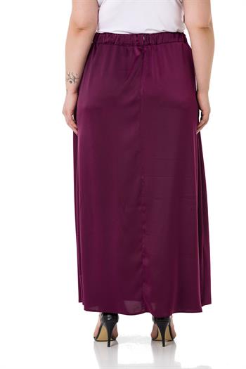 Büyük Beden Beli Arkadan Lastikli Kloş Saten Uzun Mürdüm Etek