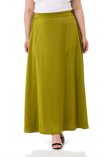 Büyük Beden Beli Arkadan Lastikli Kloş Saten Uzun Fıstık Yeşili Etek