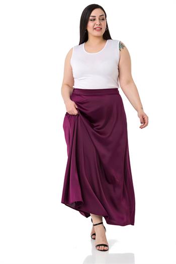Büyük Beden Beli Arkadan Lastikli Kloş Saten Uzun Mürdüm Etek