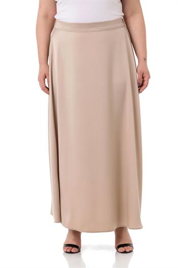 Büyük Beden Beli Arkadan Lastikli Kloş Saten Uzun Bej Etek