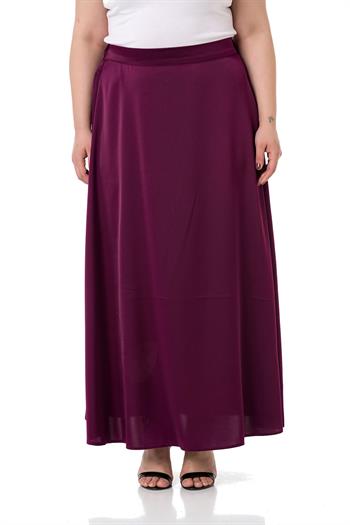 Büyük Beden Beli Arkadan Lastikli Kloş Saten Uzun Mürdüm Etek
