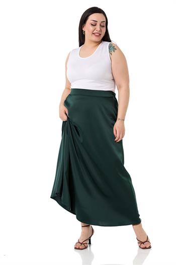 Büyük Beden Beli Arkadan Lastikli Kloş Saten Uzun Zümrüt Etek