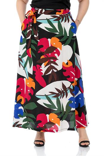 Büyük Beden Beli Arkadan Lastikli Kloş Cepli Kuşaklı Uzun Renkli Etek