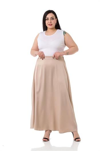 Büyük Beden Beli Arkadan Lastikli Kloş Saten Uzun Bej Etek
