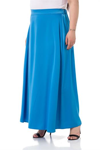 Büyük Beden Beli Arkadan Lastikli Kloş Saten Uzun Turkuaz Etek