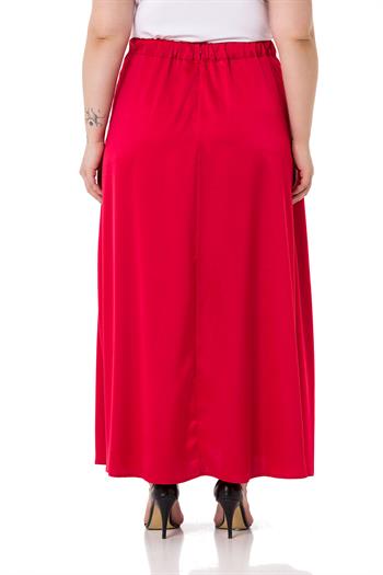 Büyük Beden Beli Arkadan Lastikli Kloş Saten Uzun Kırmızı Etek