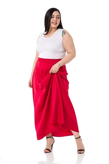 Büyük Beden Beli Arkadan Lastikli Kloş Saten Uzun Kırmızı Etek