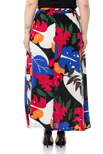 Büyük Beden Beli Arkadan Lastikli Kloş Cepli Kuşaklı Uzun Renkli Etek