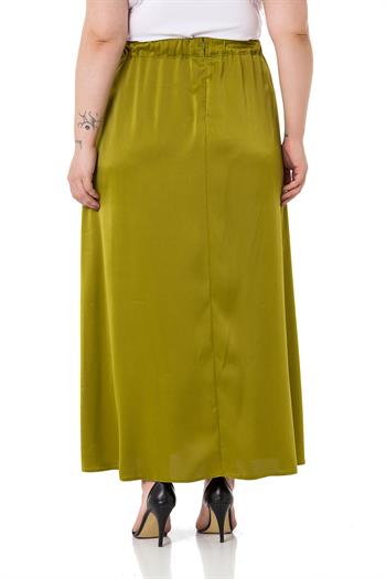 Büyük Beden Beli Arkadan Lastikli Kloş Saten Uzun Fıstık Yeşili Etek