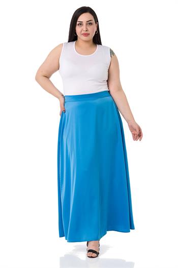 Büyük Beden Beli Arkadan Lastikli Kloş Saten Uzun Turkuaz Etek