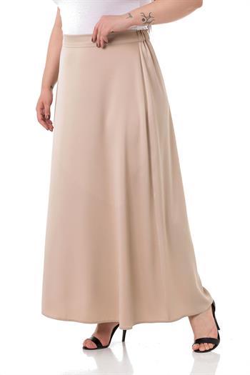 Büyük Beden Beli Arkadan Lastikli Kloş Saten Uzun Bej Etek