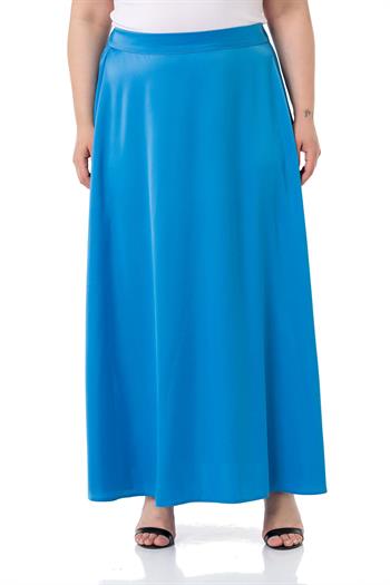 Büyük Beden Beli Arkadan Lastikli Kloş Saten Uzun Turkuaz Etek