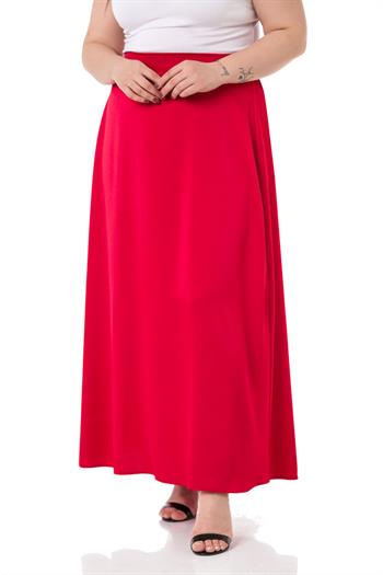 Büyük Beden Beli Arkadan Lastikli Kloş Saten Uzun Kırmızı Etek