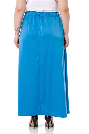 Büyük Beden Beli Arkadan Lastikli Kloş Saten Uzun Turkuaz Etek