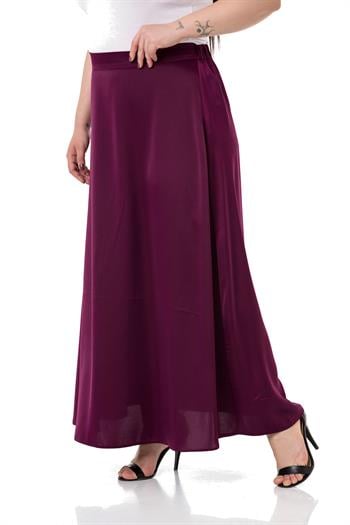 Büyük Beden Beli Arkadan Lastikli Kloş Saten Uzun Mürdüm Etek