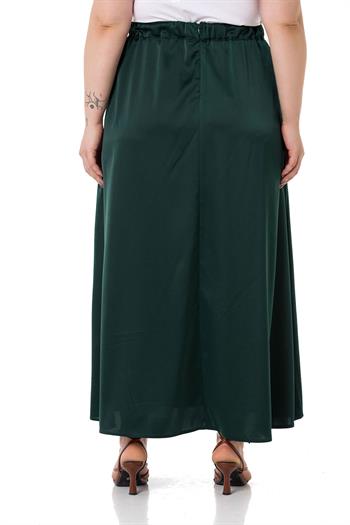 Büyük Beden Beli Arkadan Lastikli Kloş Saten Uzun Zümrüt Etek