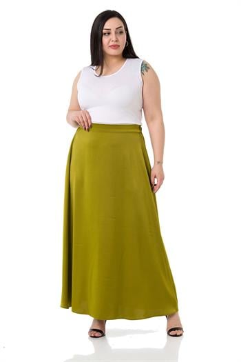 Büyük Beden Beli Arkadan Lastikli Kloş Saten Uzun Fıstık Yeşili Etek