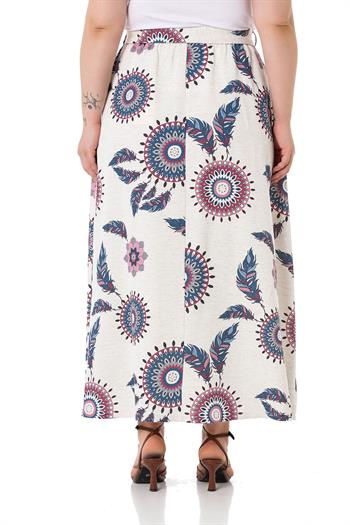 Büyük Beden Beli Arkadan Lastikli Kuşaklı Cepli Kloş İndigo Desenli Etek