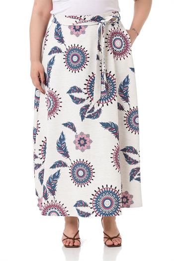 Büyük Beden Beli Arkadan Lastikli Kuşaklı Cepli Kloş İndigo Desenli Etek