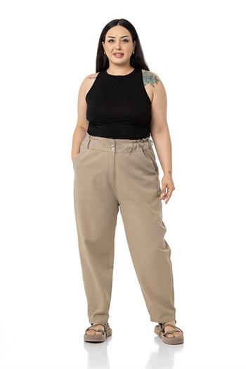 Plus Size High Waisted Gabardine Mink Trousers with Ruffle Detail