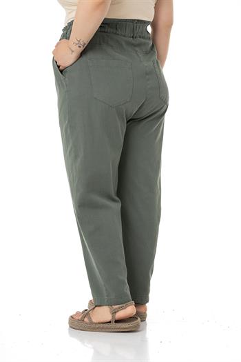 Plus Size High Waisted Gabardine Khaki Trousers with Ruffle Detail