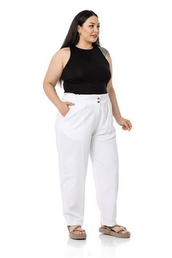 Plus Size High Waisted Gabardine White Trousers with Ruffle Detail