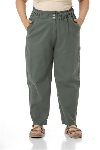 Plus Size High Waisted Gabardine Khaki Trousers with Ruffle Detail