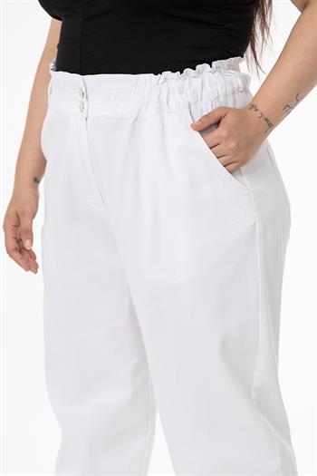 Plus Size High Waisted Gabardine White Trousers with Ruffle Detail