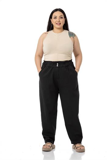 Plus Size High Waisted Gabardine Black Trousers with Ruffle Detail