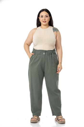 Plus Size High Waisted Gabardine Khaki Trousers with Ruffle Detail
