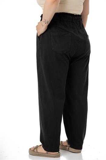 Plus Size High Waisted Gabardine Black Trousers with Ruffle Detail