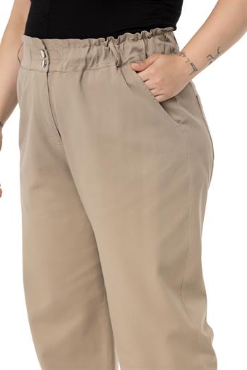 Plus Size High Waisted Gabardine Mink Trousers with Ruffle Detail