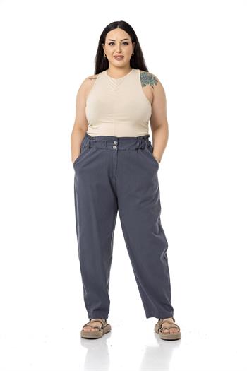 Plus Size High Waisted Gabardine Anthracite Trousers with Ruffle Detail