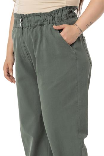Plus Size High Waisted Gabardine Khaki Trousers with Ruffle Detail