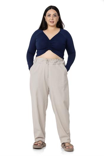 Plus Size High Waisted Gabardine Stone Trousers with Ruffle Detail