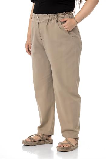 Plus Size High Waisted Gabardine Mink Trousers with Ruffle Detail
