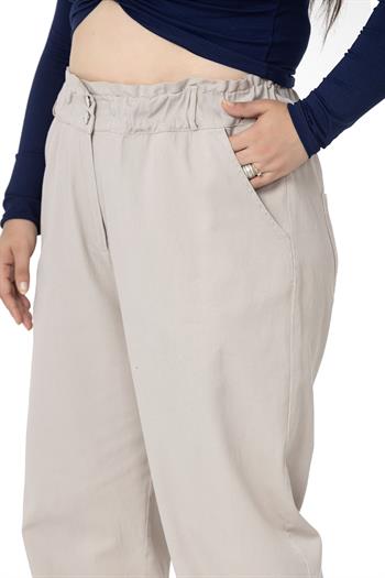 Plus Size High Waisted Gabardine Stone Trousers with Ruffle Detail