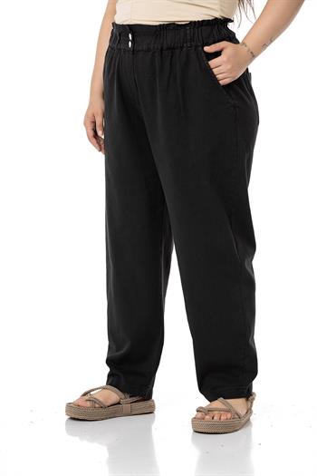 Plus Size High Waisted Gabardine Black Trousers with Ruffle Detail