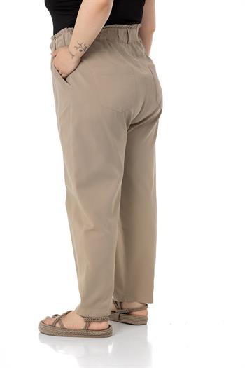 Plus Size High Waisted Gabardine Mink Trousers with Ruffle Detail