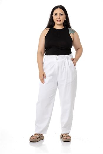 Plus Size High Waisted Gabardine White Trousers with Ruffle Detail