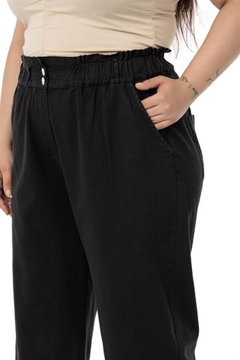 Plus Size High Waisted Gabardine Black Trousers with Ruffle Detail